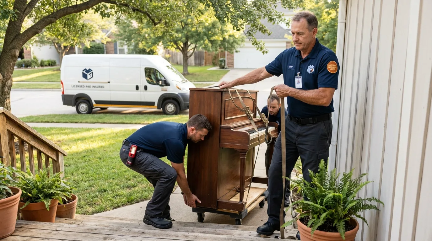 Licensed piano movers securing grand piano in Moody, AL