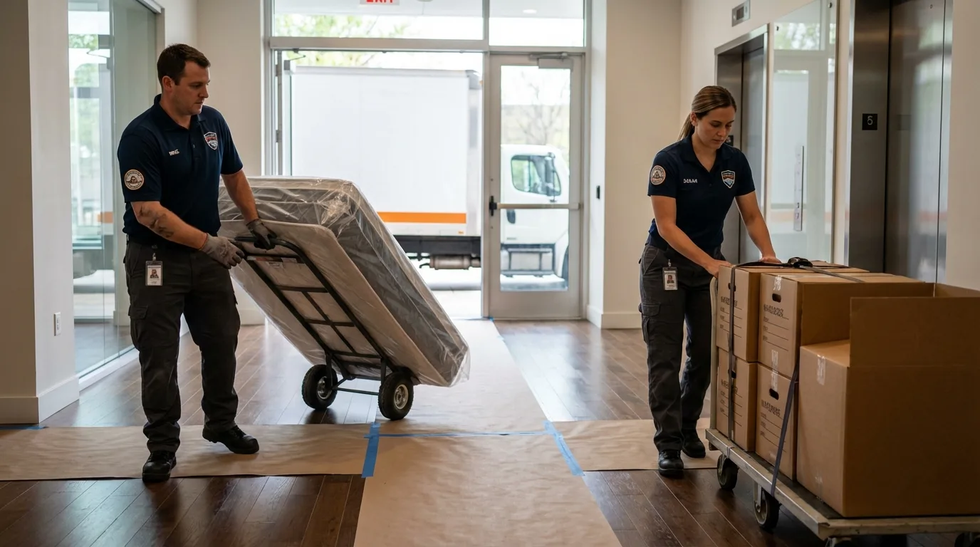 Professional apartment movers loading elevator in Moody, AL